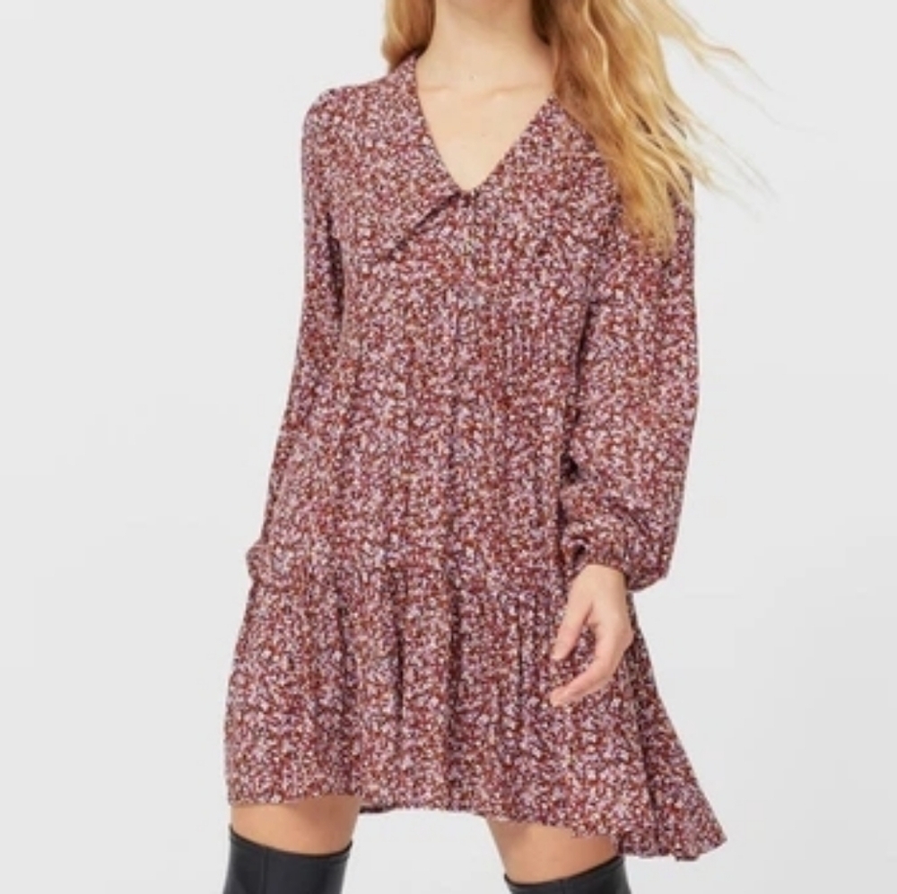Stradivarius Burgundy Floral Long Sleeve Tiered Dress Size M Bohochic